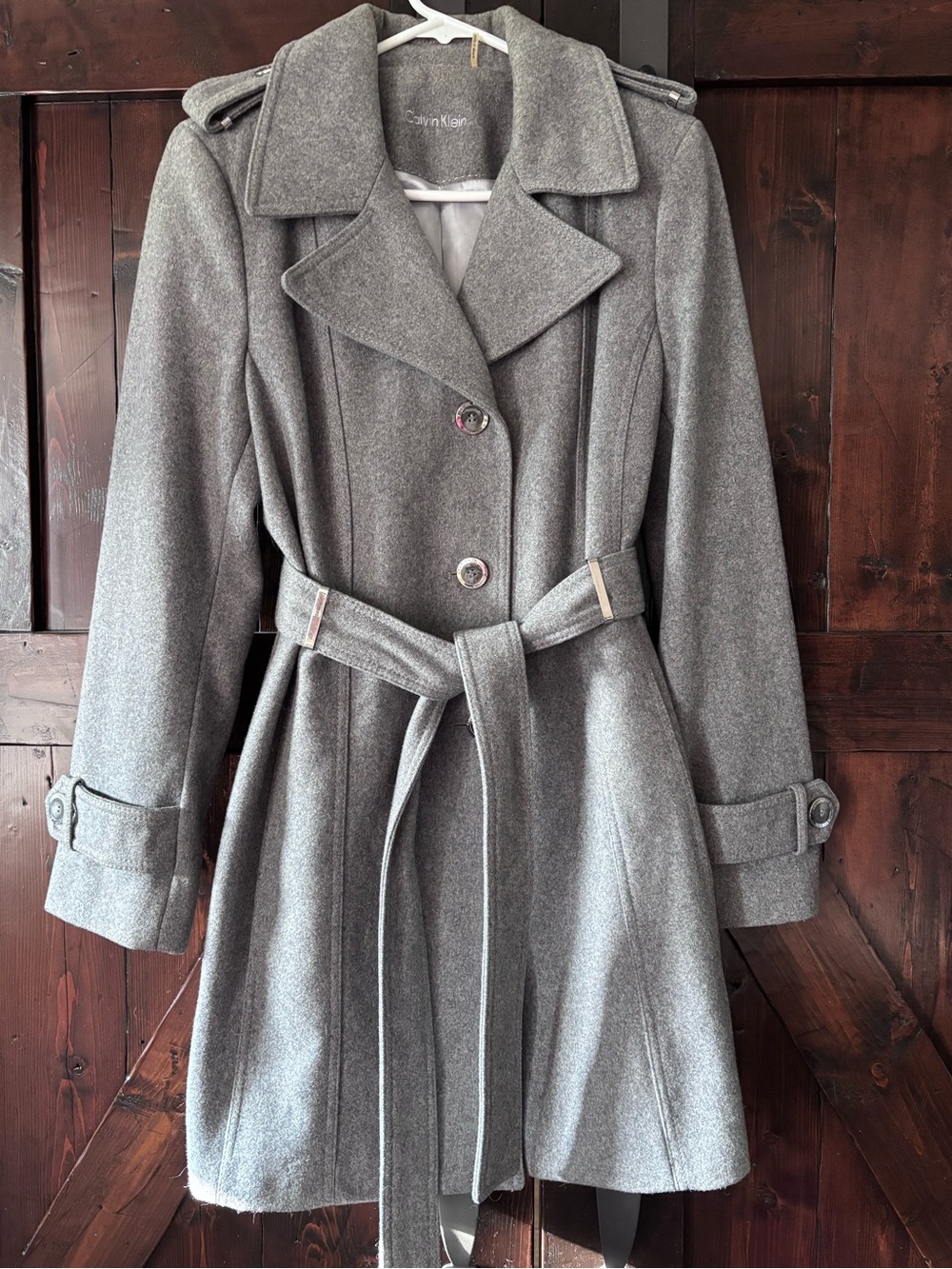 Calvin Klein Light Gray Wool-Blend Belted Trench Coat